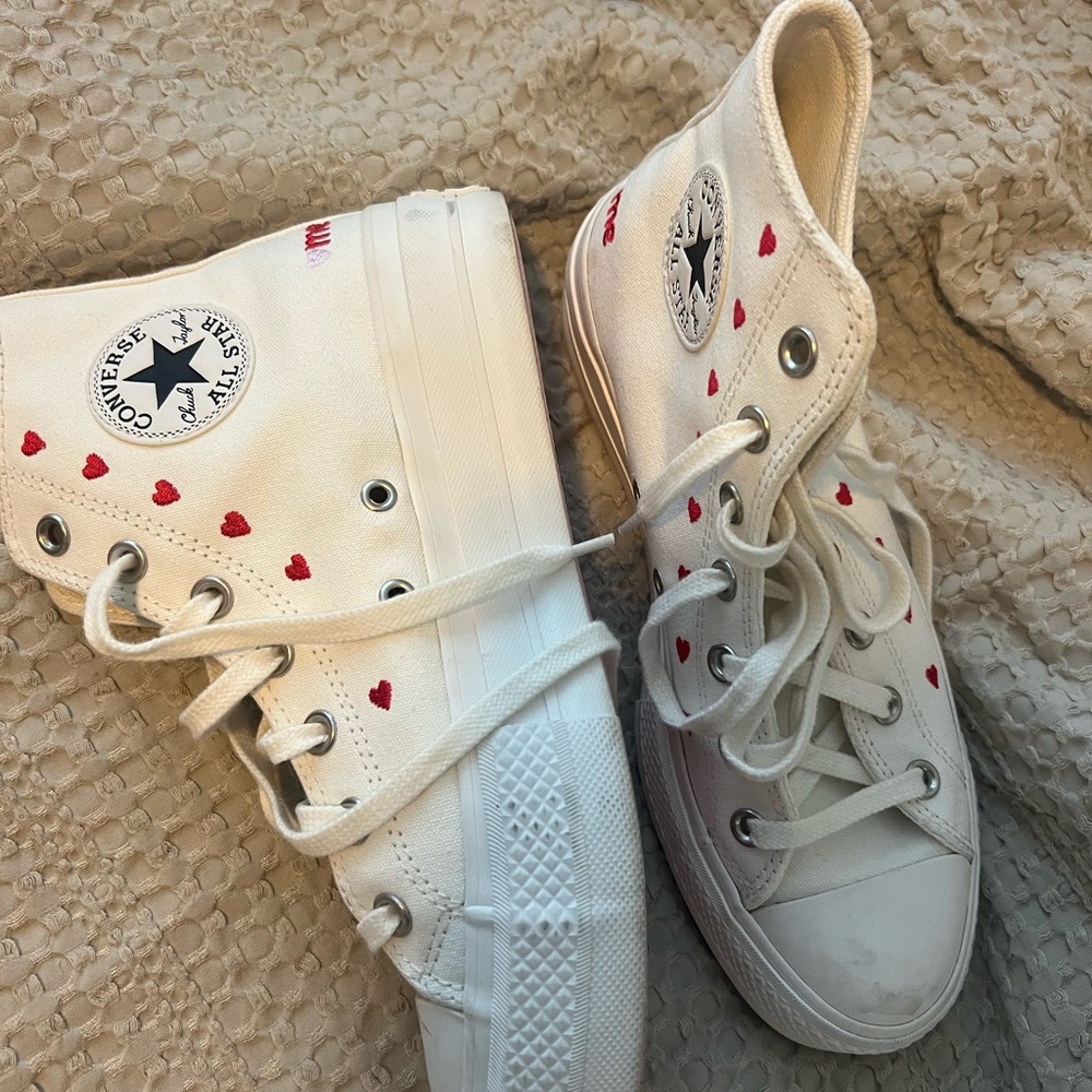 Converse White High-Tops with Red Heart Details, valentines edition